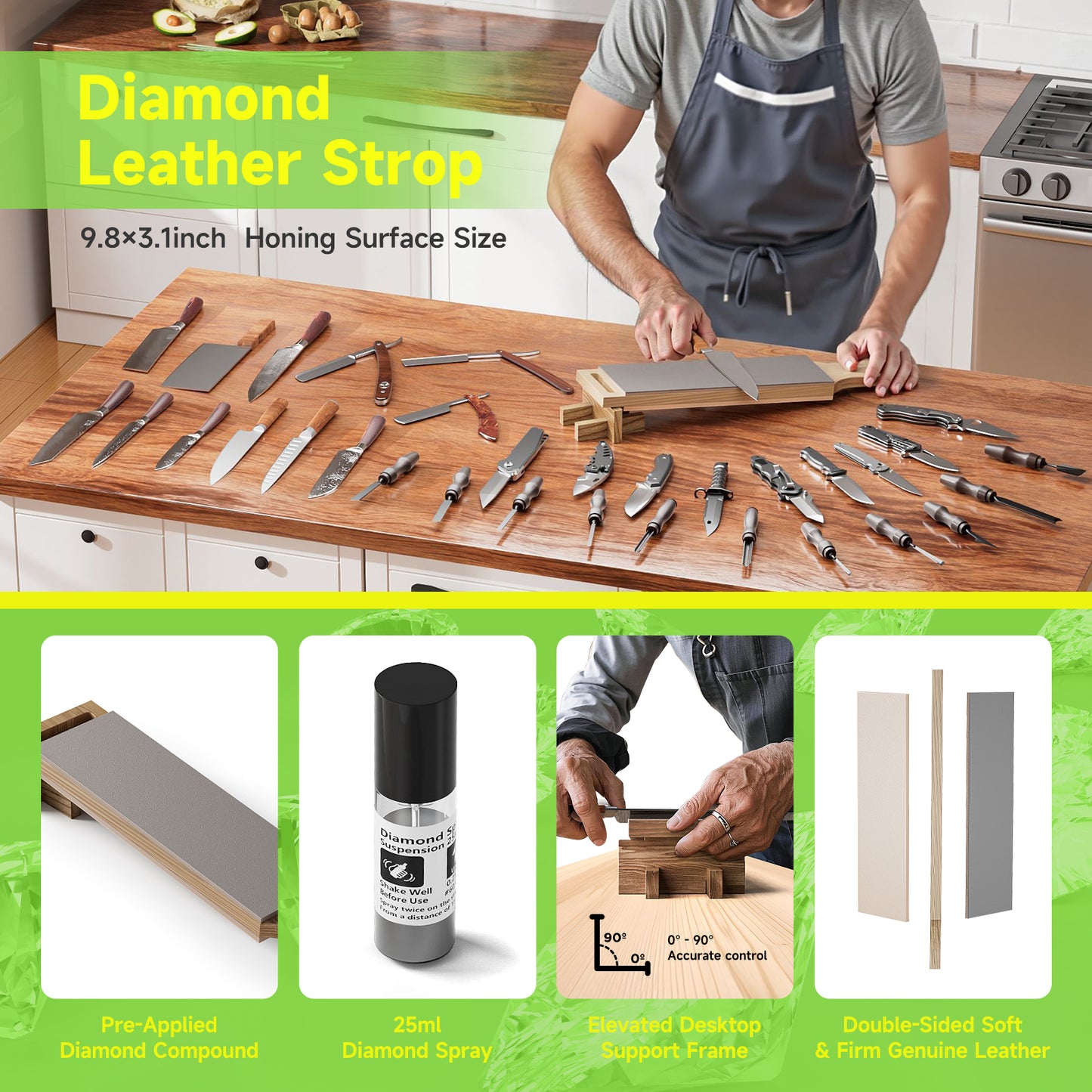 cheefarcuut leather strop for knife sharpening preload with diamond polishing compounds,double sided genuine cowhide,Knife Sharpening Strop,Knife Stropping Block 15.7''x3.1''