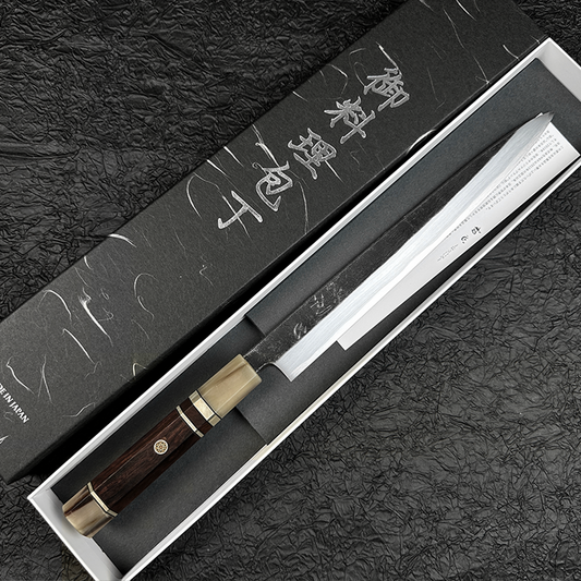 Japanese yanagiba/sashimi knife 270mm HATSUKOKORO  Kurouchi  Aogami2 Blue Steel No.2 polished by Naohito Myojin Single edged (for Right-handed persons)