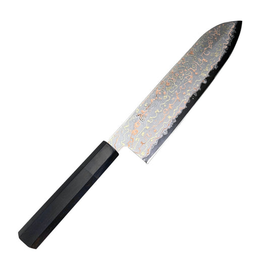 Japanese Santoku 180mm Hatsukokoro Colored Damascus with Aogami #2 high carbon steel