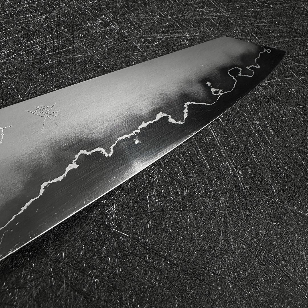 Japanese K-tip Gyuto 210mm  Tetsujin & Naohito Myojin  Ginsan steel  Migaki Ebony Handle