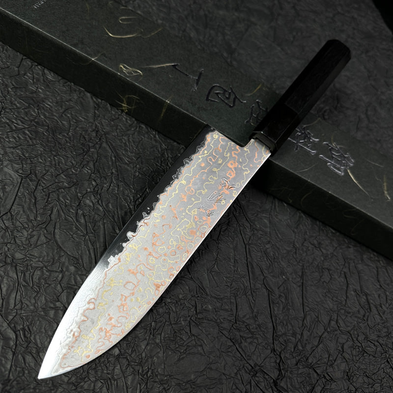 Japanese Santoku 180mm Hatsukokoro Colored Damascus with Aogami #2 high carbon steel